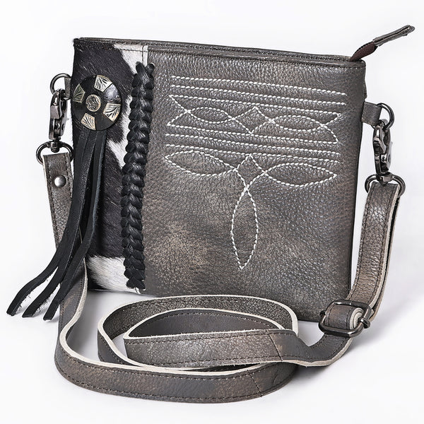 ADBGM597 Hair-On Hide & Grey Genuine Leather Crossbody Bag with Western Stitching & Fringe Accent