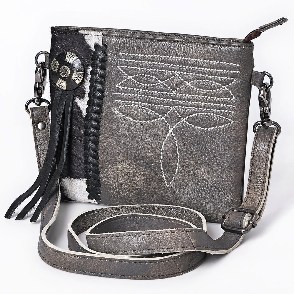 ADBGM597 Hair-On Hide & Grey Genuine Leather Crossbody Bag with Western Stitching & Fringe Accent