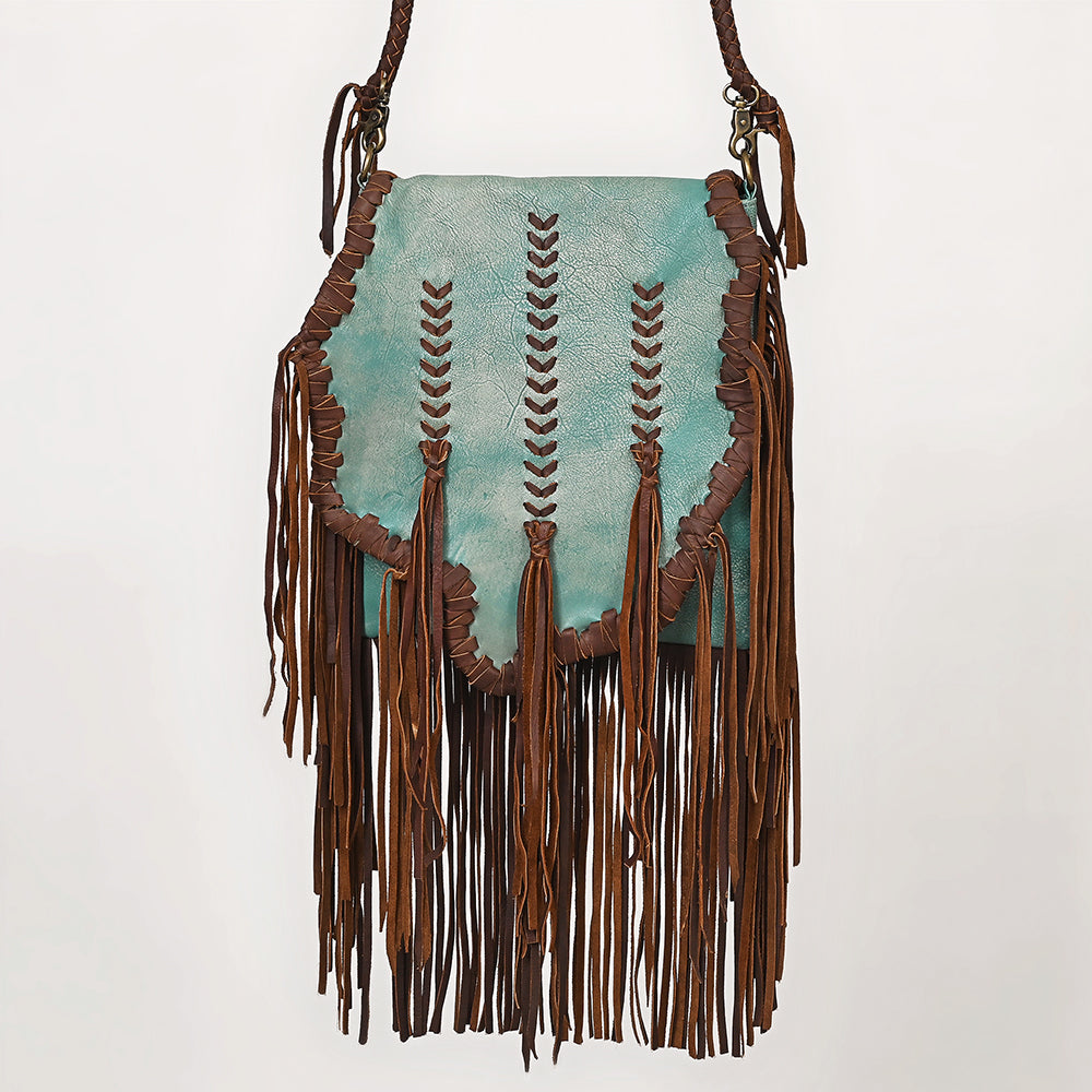 ADBGM598 Turquoise & Brown Genuine Leather Fringe Messenger Bag with Braided Detail