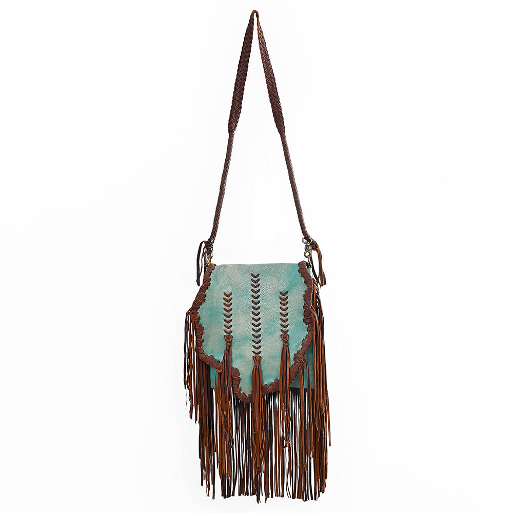 ADBGM598 Turquoise & Brown Genuine Leather Fringe Messenger Bag with Braided Detail