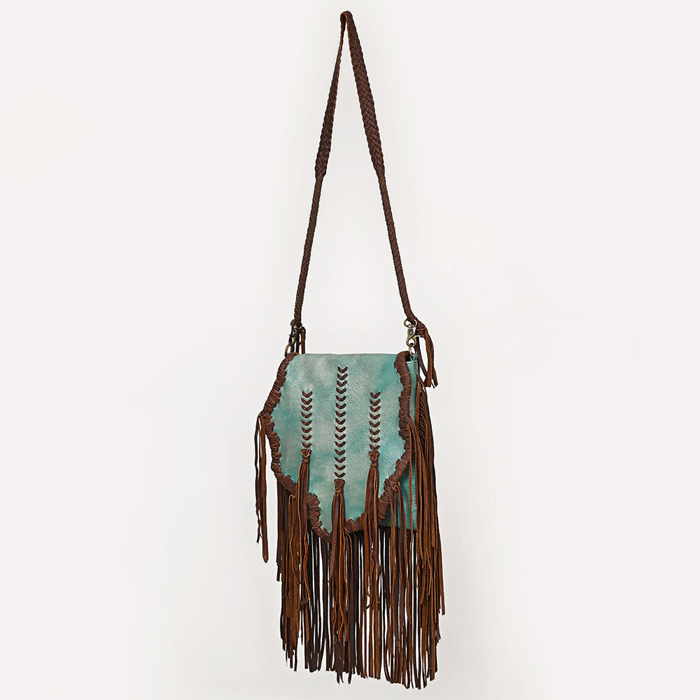 ADBGM598 Turquoise & Brown Genuine Leather Fringe Messenger Bag with Braided Detail