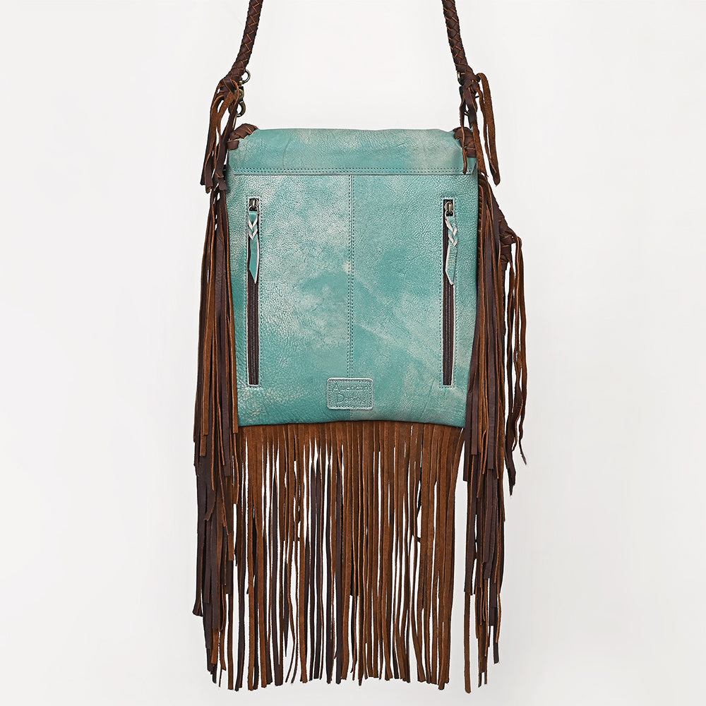 ADBGM598 Turquoise & Brown Genuine Leather Fringe Messenger Bag with Braided Detail