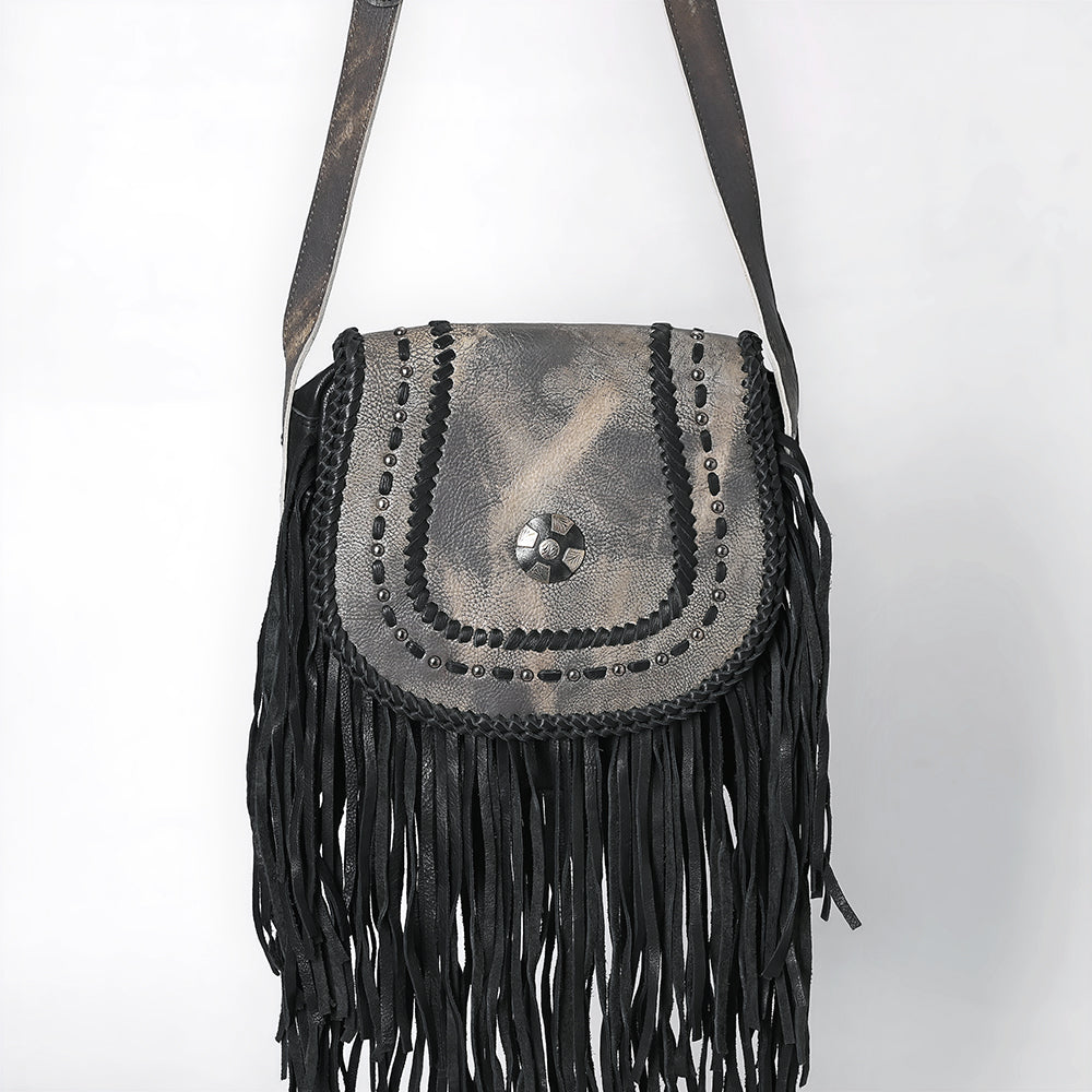 ADBGM600 Black Fringe Western Crossbody Bag with Braided Trim and Concho Accent - Genuine Leather
