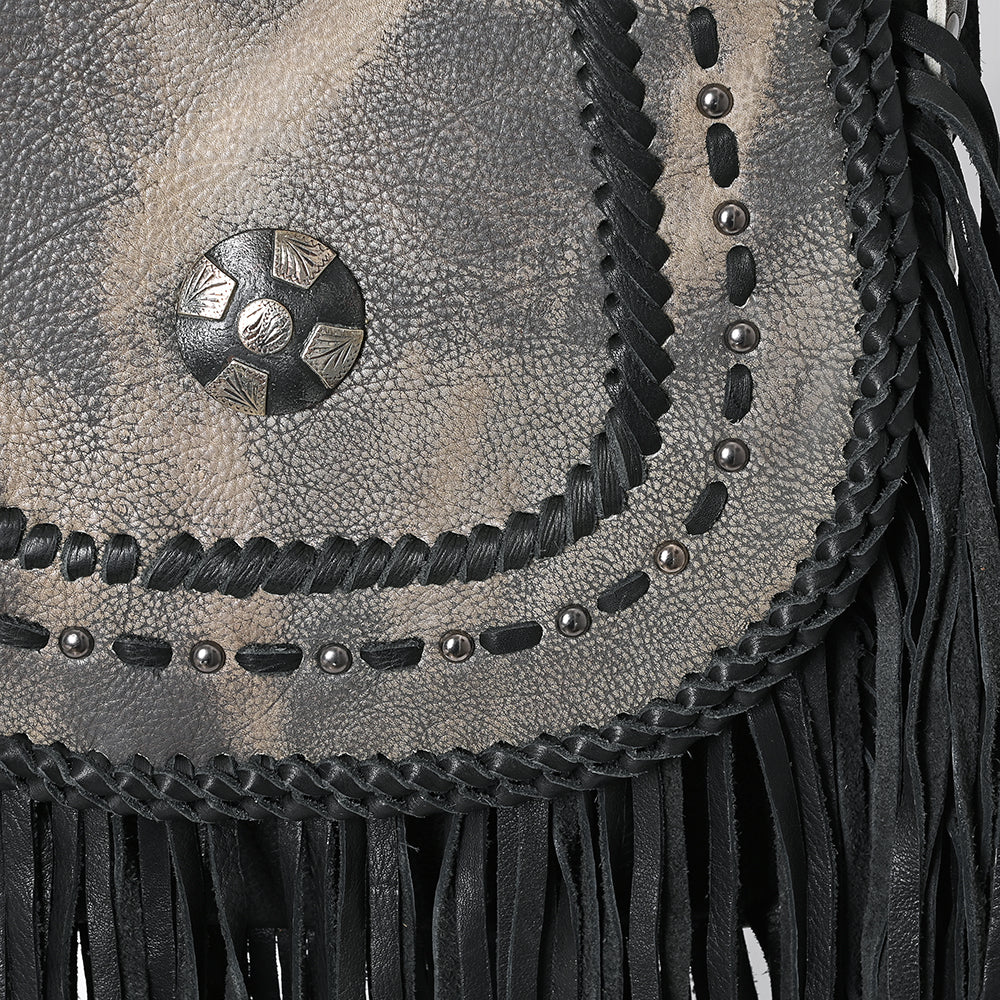 ADBGM600 Black Fringe Western Crossbody Bag with Braided Trim and Concho Accent - Genuine Leather