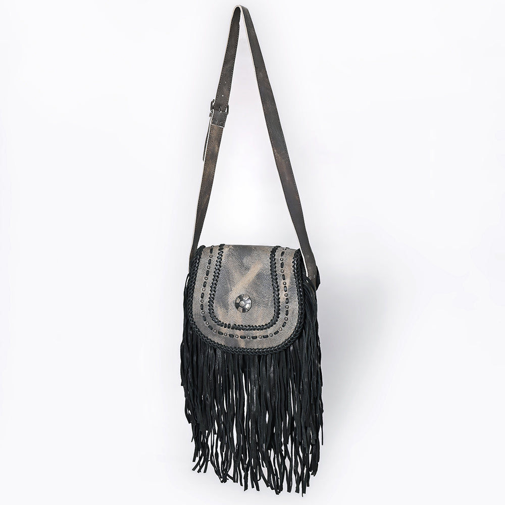 ADBGM600 Black Fringe Western Crossbody Bag with Braided Trim and Concho Accent - Genuine Leather