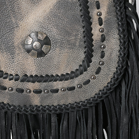 ADBGM600 Black Fringe Western Crossbody Bag with Braided Trim and Concho Accent - Genuine Leather