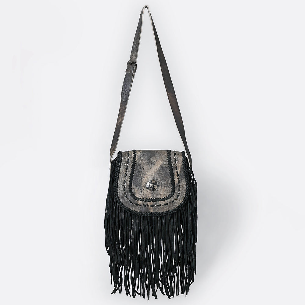 ADBGM600 Black Fringe Western Crossbody Bag with Braided Trim and Concho Accent - Genuine Leather