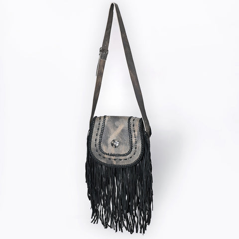 ADBGM600 Black Fringe Western Crossbody Bag with Braided Trim and Concho Accent - Genuine Leather