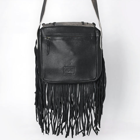 ADBGM600 Black Fringe Western Crossbody Bag with Braided Trim and Concho Accent - Genuine Leather