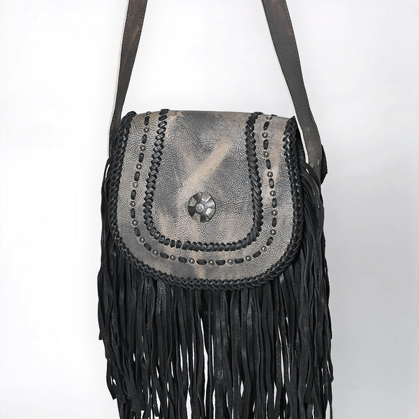 ADBGM600 Black Fringe Western Crossbody Bag with Braided Trim and Concho Accent - Genuine Leather