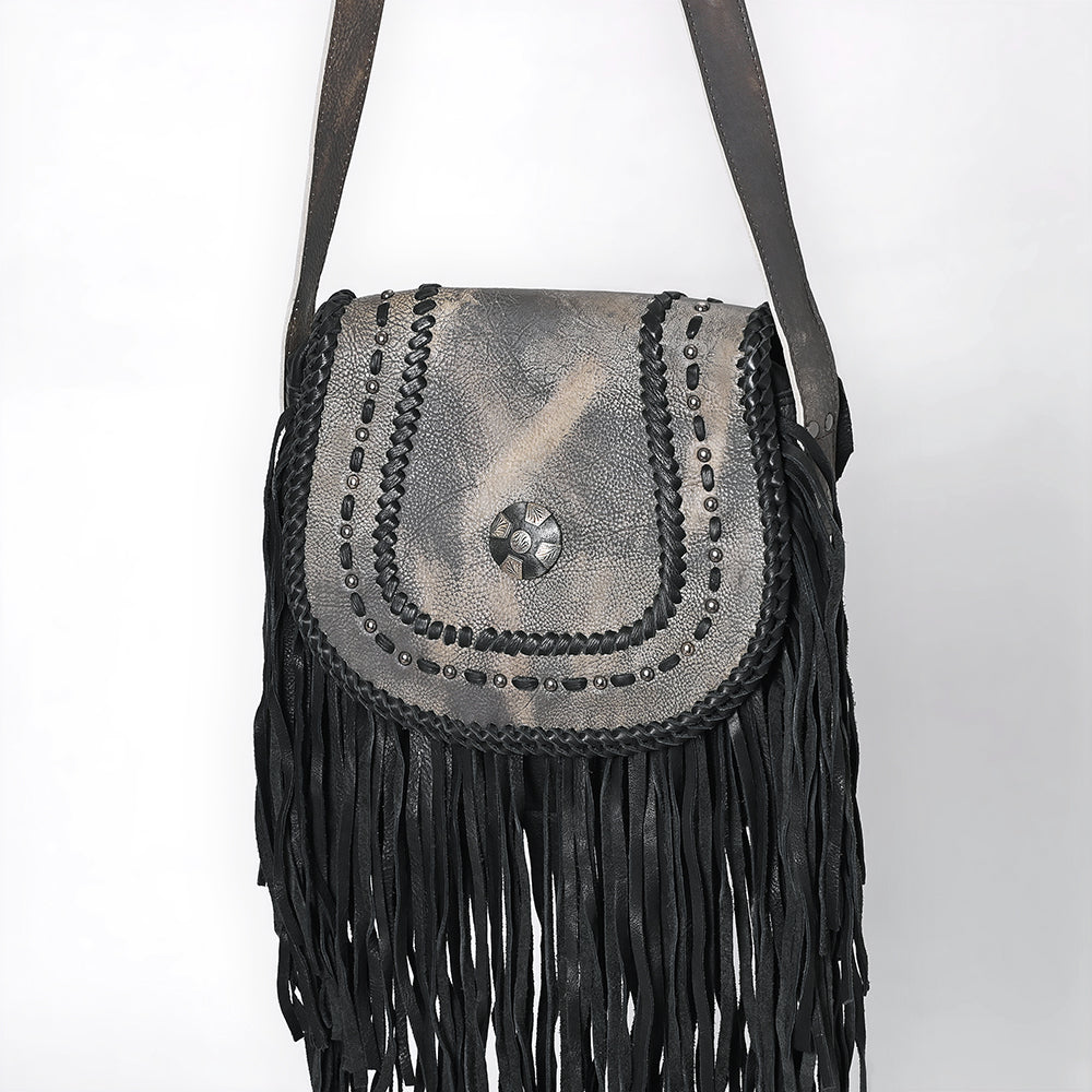 ADBGM600 Black Fringe Western Crossbody Bag with Braided Trim and Concho Accent - Genuine Leather