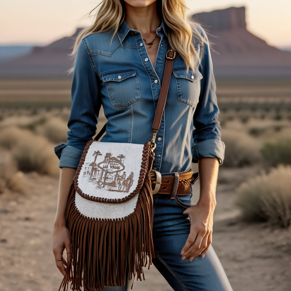 ADBGM602 Las Vegas Cowboy Scene Hair-On Hide Fringe Crossbody Bag - Western Leather Purse
