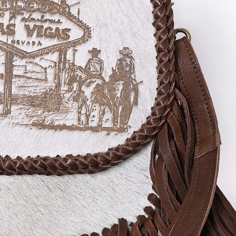 ADBGM602 Las Vegas Cowboy Scene Hair-On Hide Fringe Crossbody Bag - Western Leather Purse