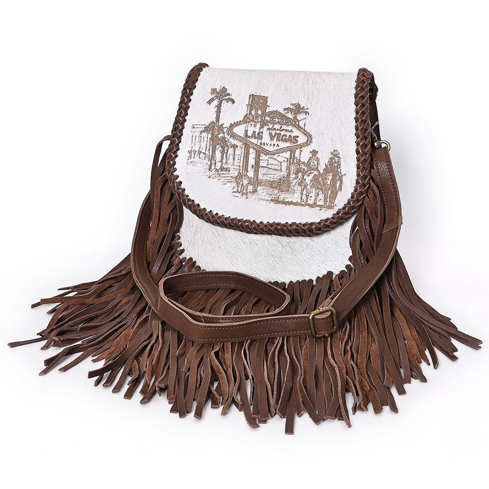 ADBGM602 Las Vegas Cowboy Scene Hair-On Hide Fringe Crossbody Bag - Western Leather Purse