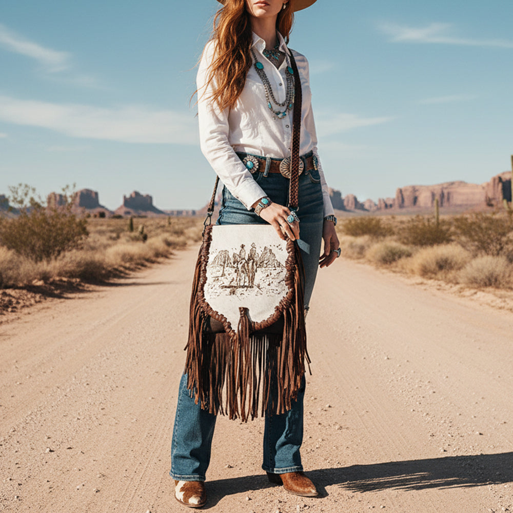 ADBGM603 Hair-On Hide Fringe Messenger Bag - Genuine Leather Western Saddle Purse