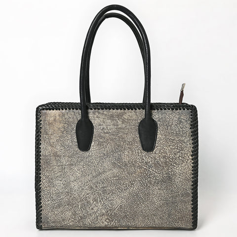 ADBGM604 Distressed Silver Metallic Leather Western Tote Bag with Black Braided Trim