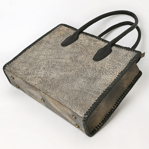 ADBGM604 Distressed Silver Metallic Leather Western Tote Bag with Black Braided Trim