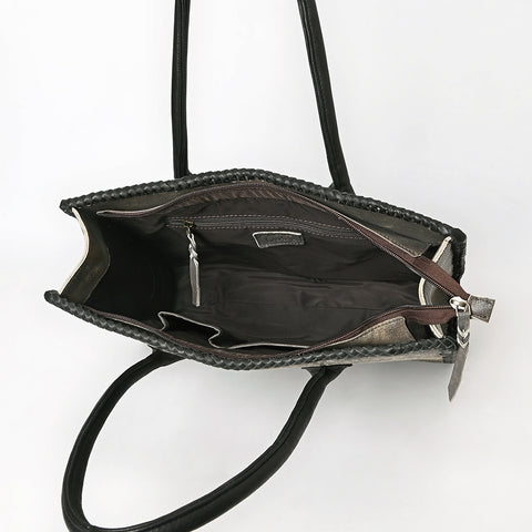ADBGM604 Distressed Silver Metallic Leather Western Tote Bag with Black Braided Trim