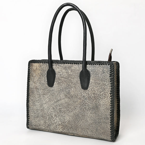ADBGM604 Distressed Silver Metallic Leather Western Tote Bag with Black Braided Trim