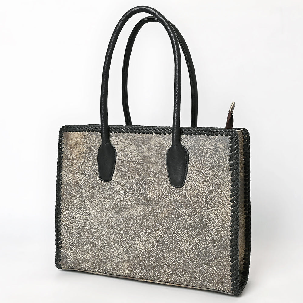 ADBGM604 Distressed Silver Metallic Leather Western Tote Bag with Black Braided Trim