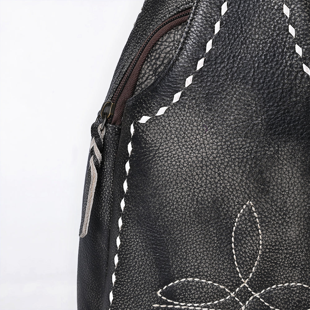 ADBGM605A Black Genuine Leather Western Sling Bag with White Stitching & Crossbody Strap