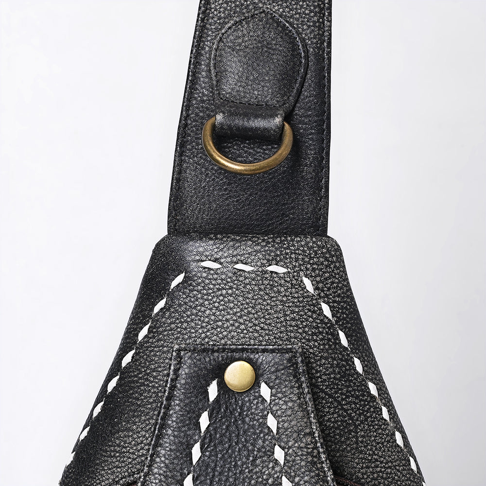 ADBGM605A Black Genuine Leather Western Sling Bag with White Stitching & Crossbody Strap