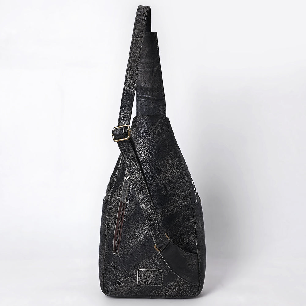 ADBGM605A Black Genuine Leather Western Sling Bag with White Stitching & Crossbody Strap