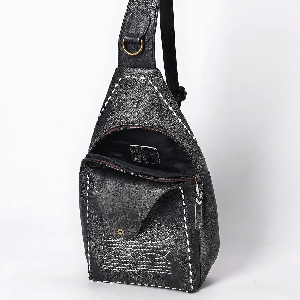 ADBGM605A Black Genuine Leather Western Sling Bag with White Stitching & Crossbody Strap