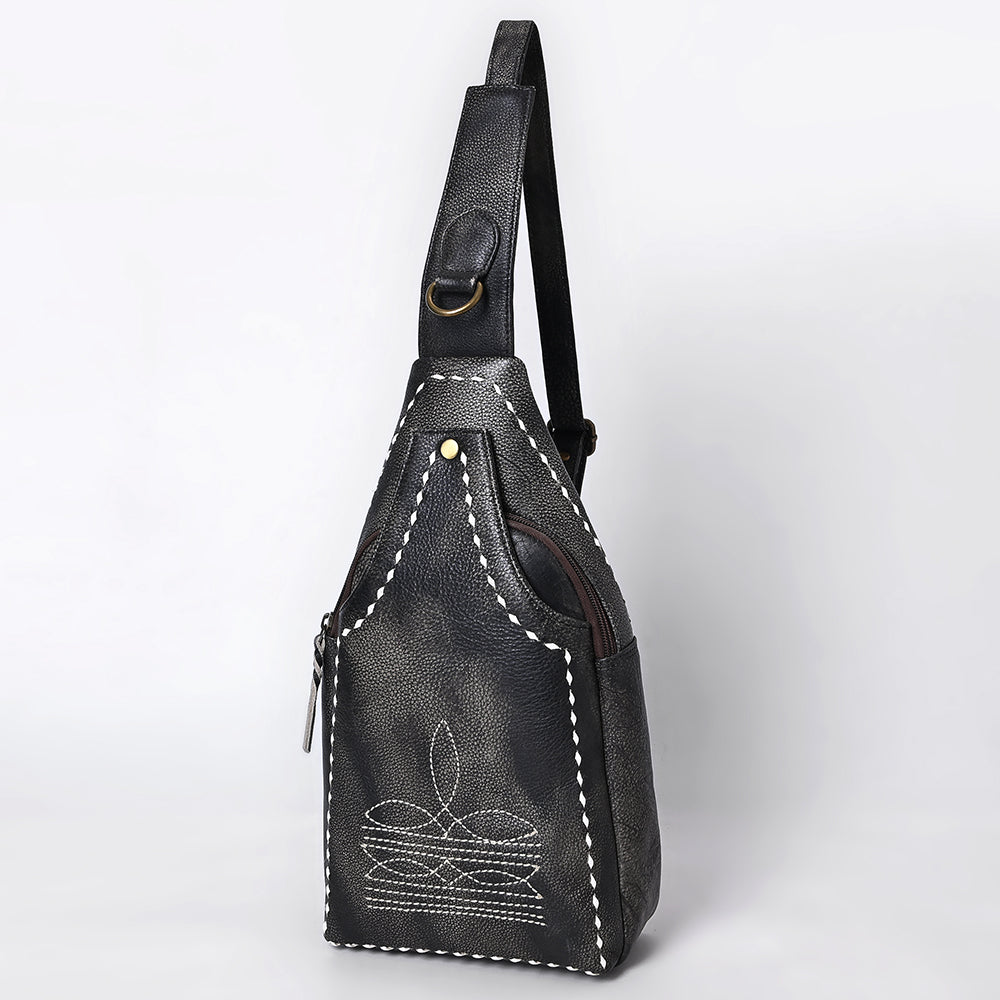 ADBGM605A Black Genuine Leather Western Sling Bag with White Stitching & Crossbody Strap