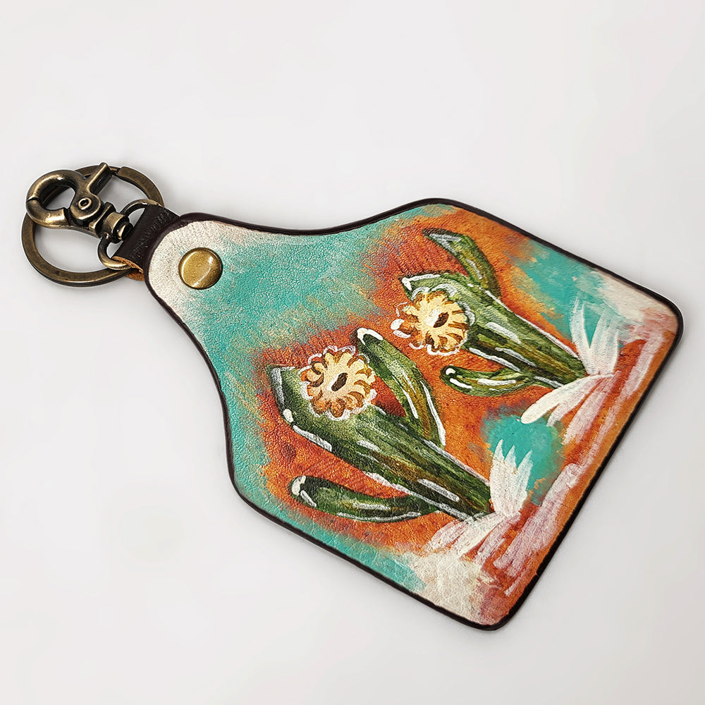 ADKRM144 Hand-Painted Cowhide Leather Keyring   Southwestern Cactus Bloom Design