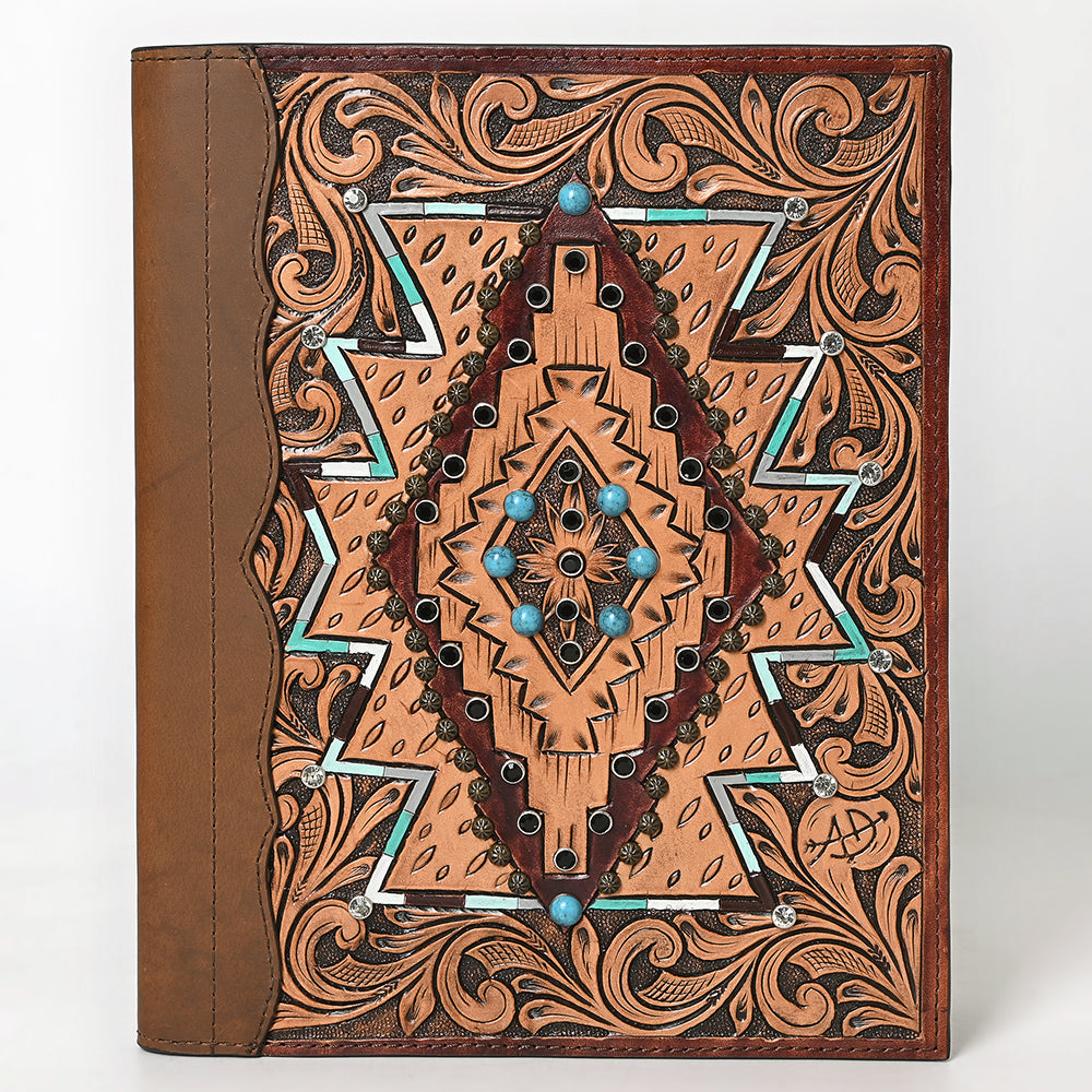 ADBG1040 Hand Tooled Western Leather Portfolio-Mosaic Trim Organizer