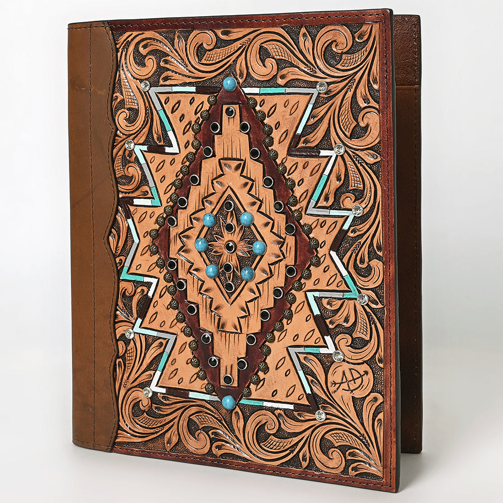 ADBG1040 Hand Tooled Western Leather Portfolio-Mosaic Trim Organizer