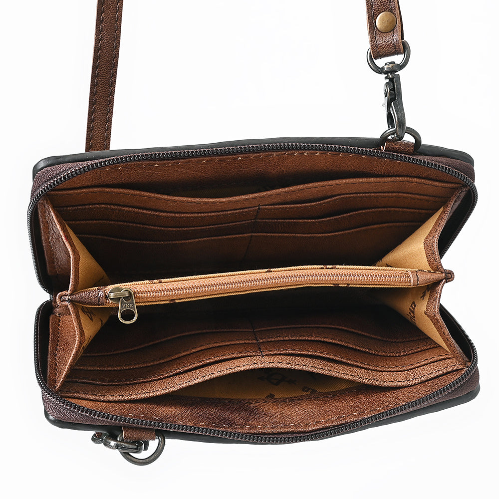 ADBG1716 Hand-Tooled Genuine Leather Crossbody Wallet with Adjustable Strap