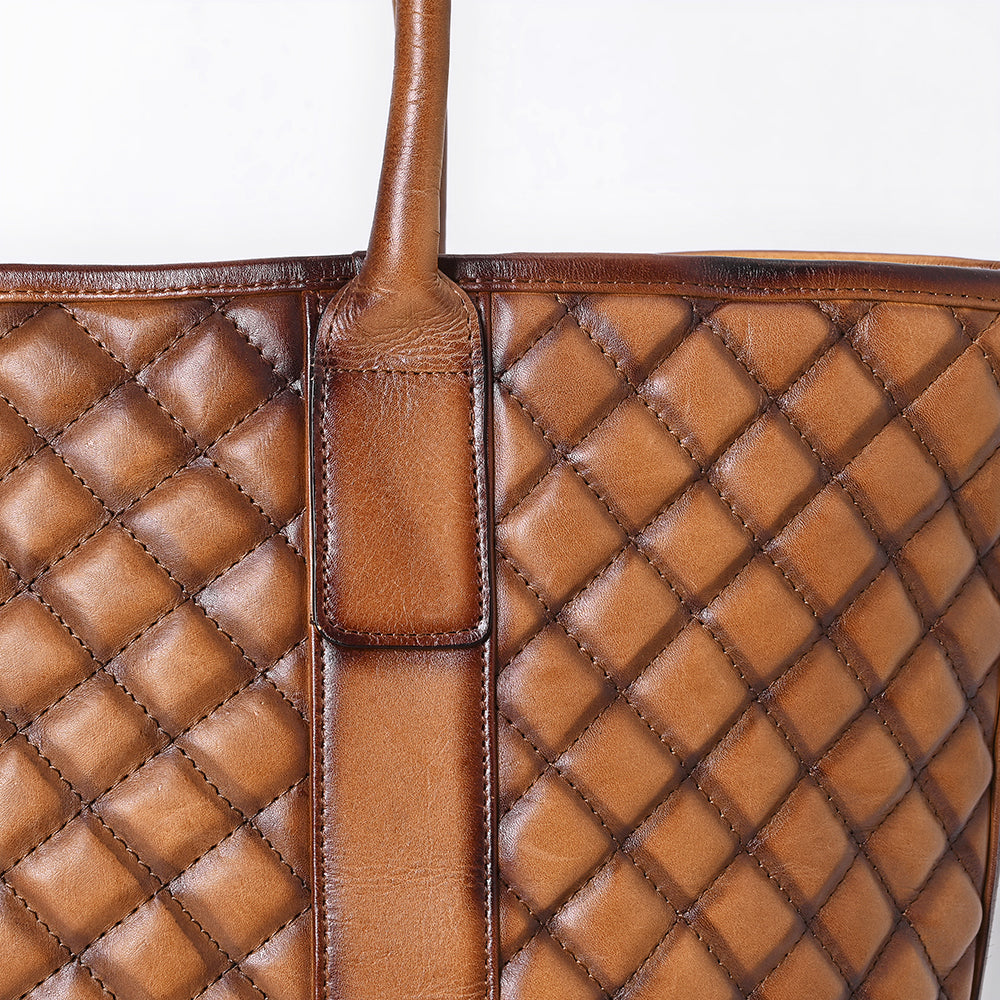 ADBGM607 Tote Bag - Quilted Genuine Leather Western Tote in Tan Saddle Finish