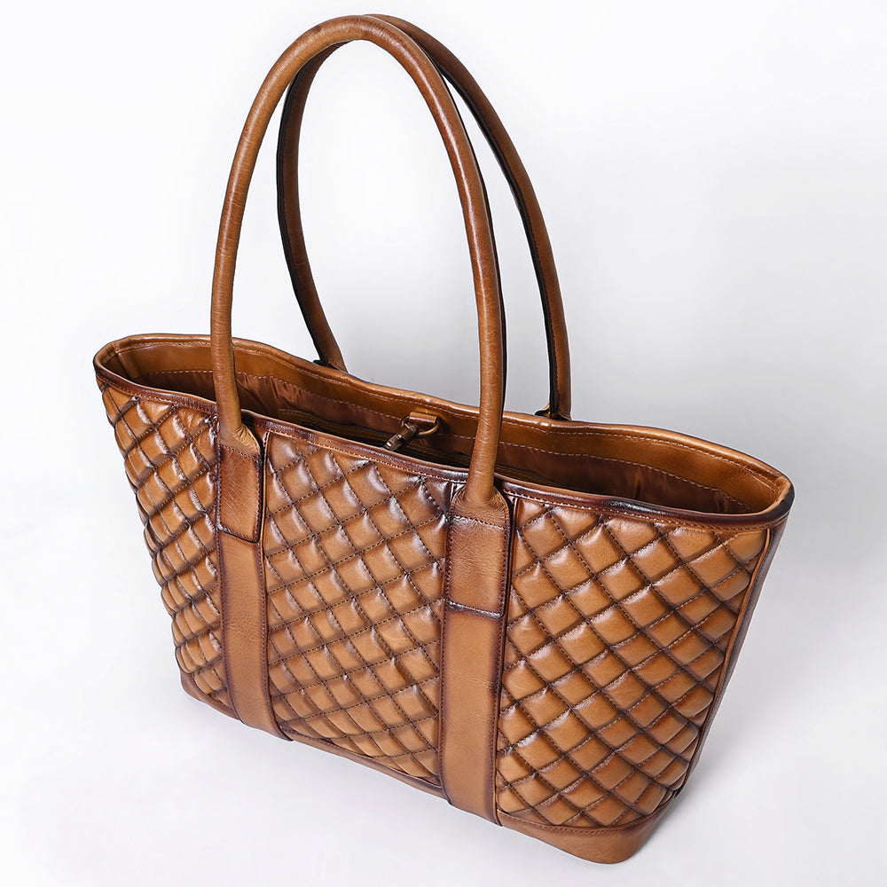 ADBGM607 Tote Bag - Quilted Genuine Leather Western Tote in Tan Saddle Finish
