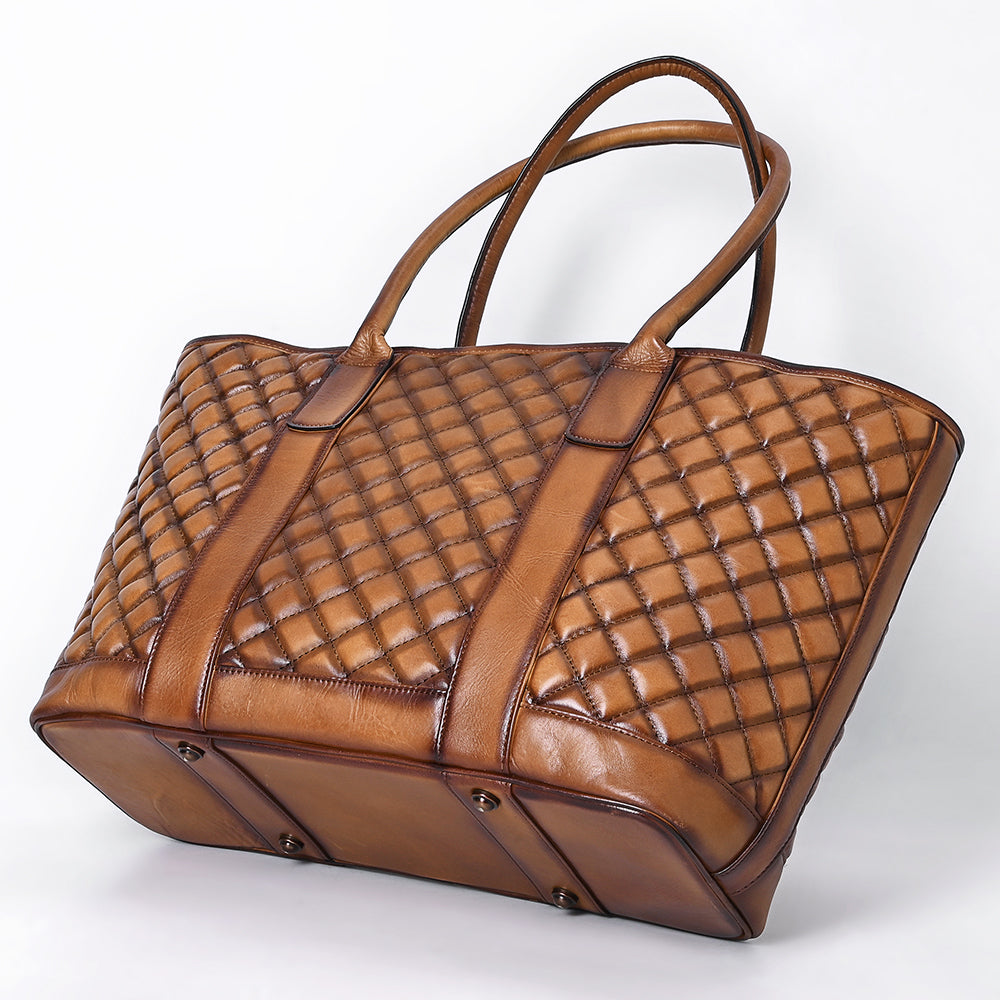 ADBGM607 Tote Bag - Quilted Genuine Leather Western Tote in Tan Saddle Finish