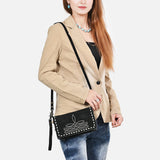 ADBG1717 Western Black Suede Wallet Bag with White Stitch Embroidery