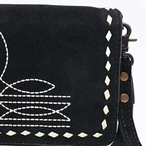 American Darling Black Genuine Suede Organizer Bag | Boot Stitched Clutch