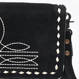 ADBG1717 Western Black Suede Wallet Bag with White Stitch Embroidery