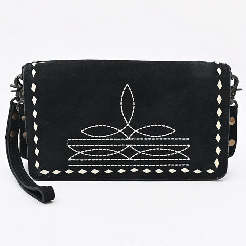 American Darling Black Genuine Suede Organizer Bag | Boot Stitched Clutch
