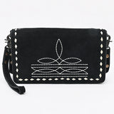 ADBG1717 Western Black Suede Wallet Bag with White Stitch Embroidery