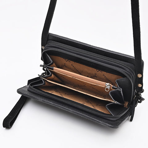 American Darling Black Genuine Suede Organizer Bag | Boot Stitched Clutch