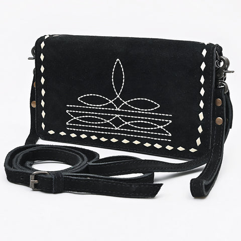 American Darling Black Genuine Suede Organizer Bag | Boot Stitched Clutch