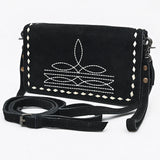 ADBG1717 Western Black Suede Wallet Bag with White Stitch Embroidery