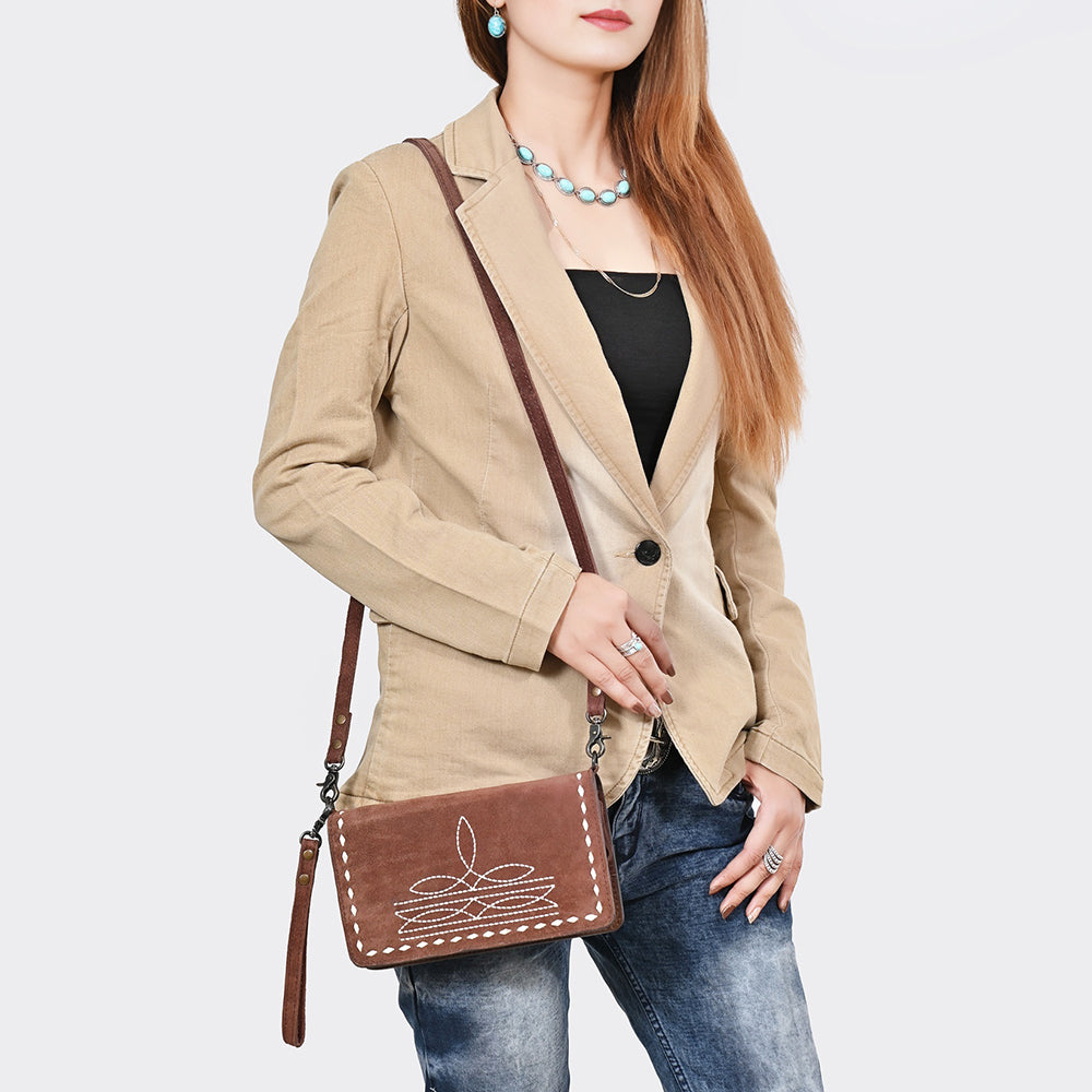 ADBG1717 Suede Leather Wallet Bag with White Western Stitch Embroidery