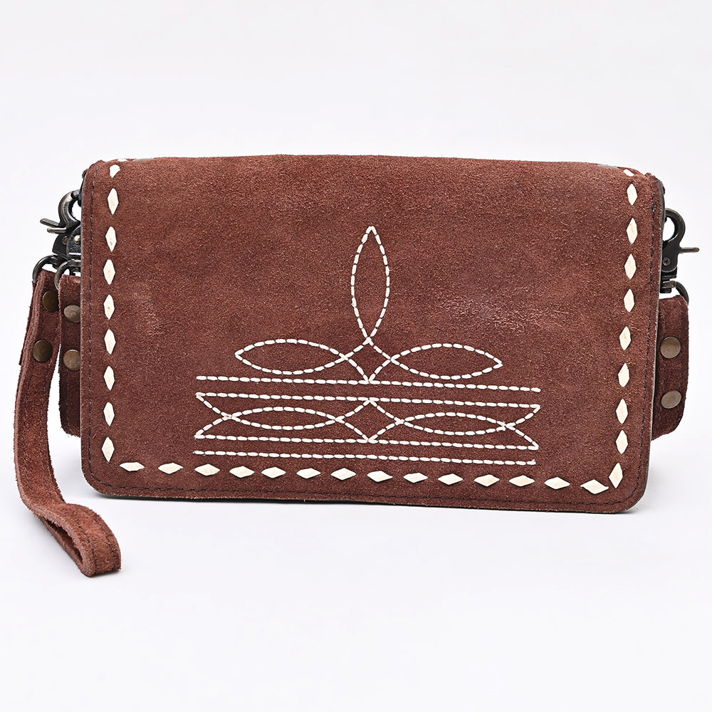 ADBG1717 Suede Leather Wallet Bag with White Western Stitch Embroidery