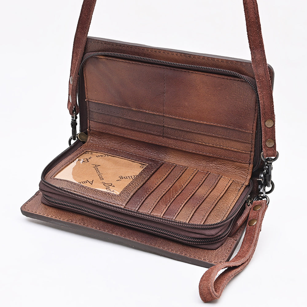 ADBG1717 Suede Leather Wallet Bag with White Western Stitch Embroidery