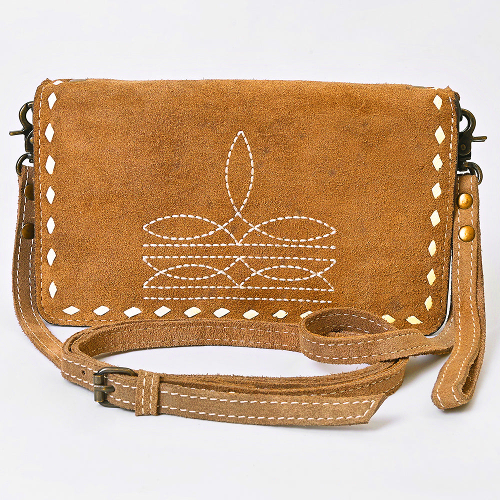 ADBG1717 Suede Leather Wallet Bag with White Western Stitch Embroidery