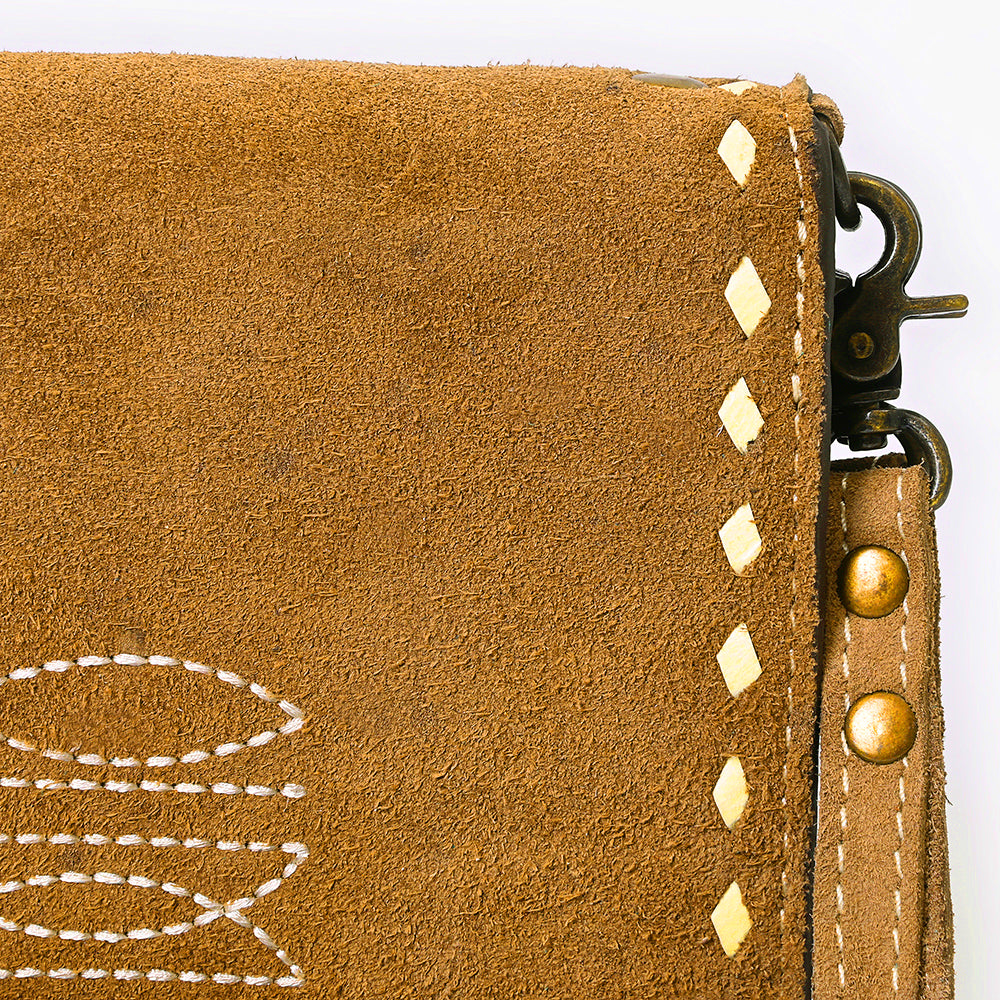 ADBG1717 Suede Leather Wallet Bag with White Western Stitch Embroidery