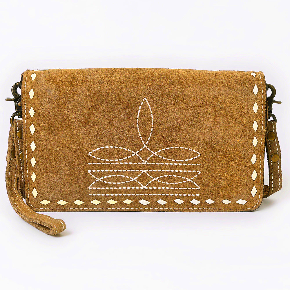 ADBG1717 Suede Leather Wallet Bag with White Western Stitch Embroidery